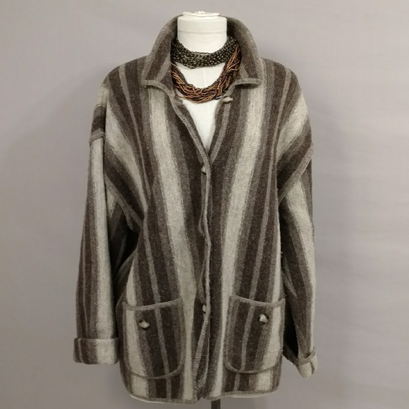 Vintage Sweaters - Vintage Knitwear Striped Sweater Cardigan Jacket Boxy Neutral Natural Wool UK